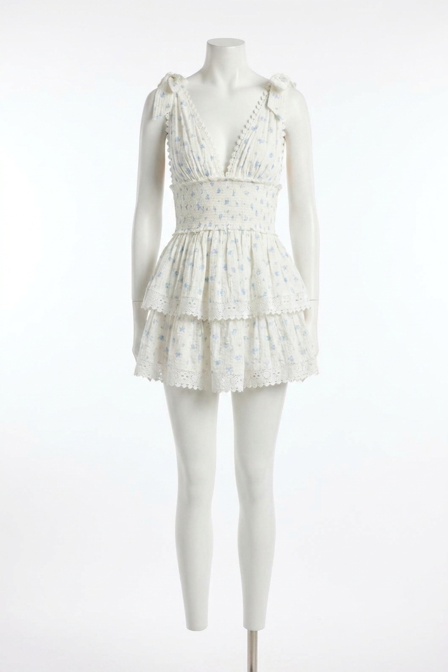 NEW SKY TO MOON penelope ditsy eyelet tie strap layered lace mini dress in blue